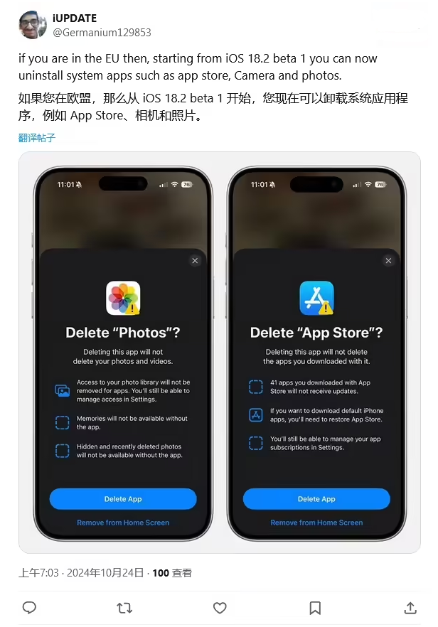 上城苹果手机维修分享iOS 18.2 支持删除 App Store 应用商店 