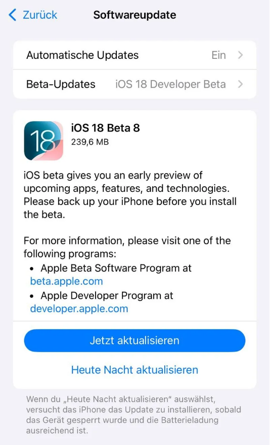 上城苹果手机维修分享苹果 iOS / iPadOS 18 开发者预览版 Beta 8 发布 